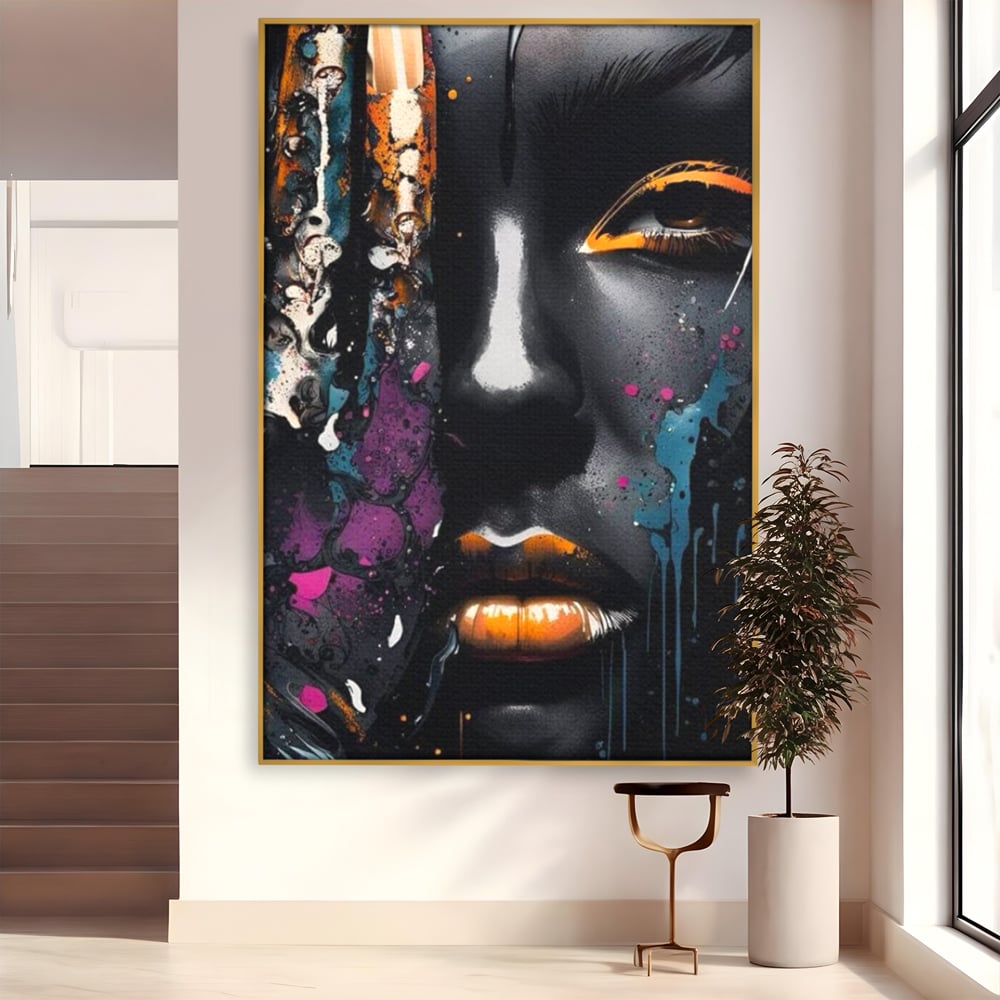 Tablou canvas cu tablou canvas cu portret street art, in rama de aluminiu auriu
